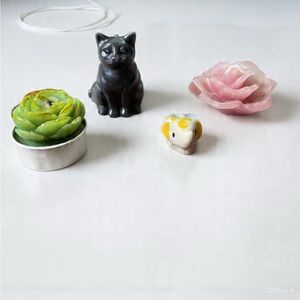 4 Mini Candles - Black Cat, Pink Rose, Green Succulent, & Elephant